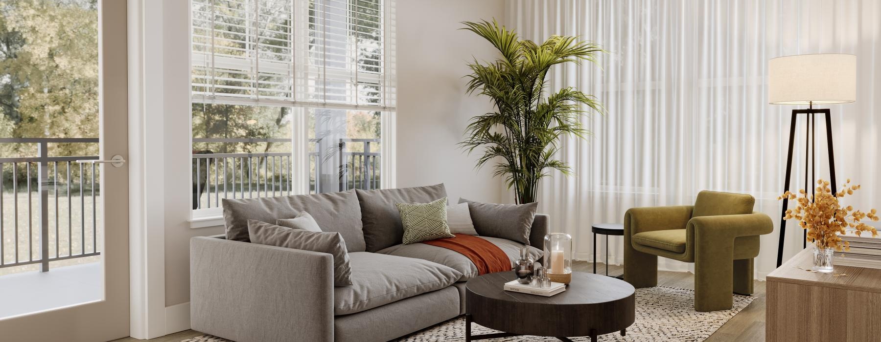 a living room with a couch coffee table and large window