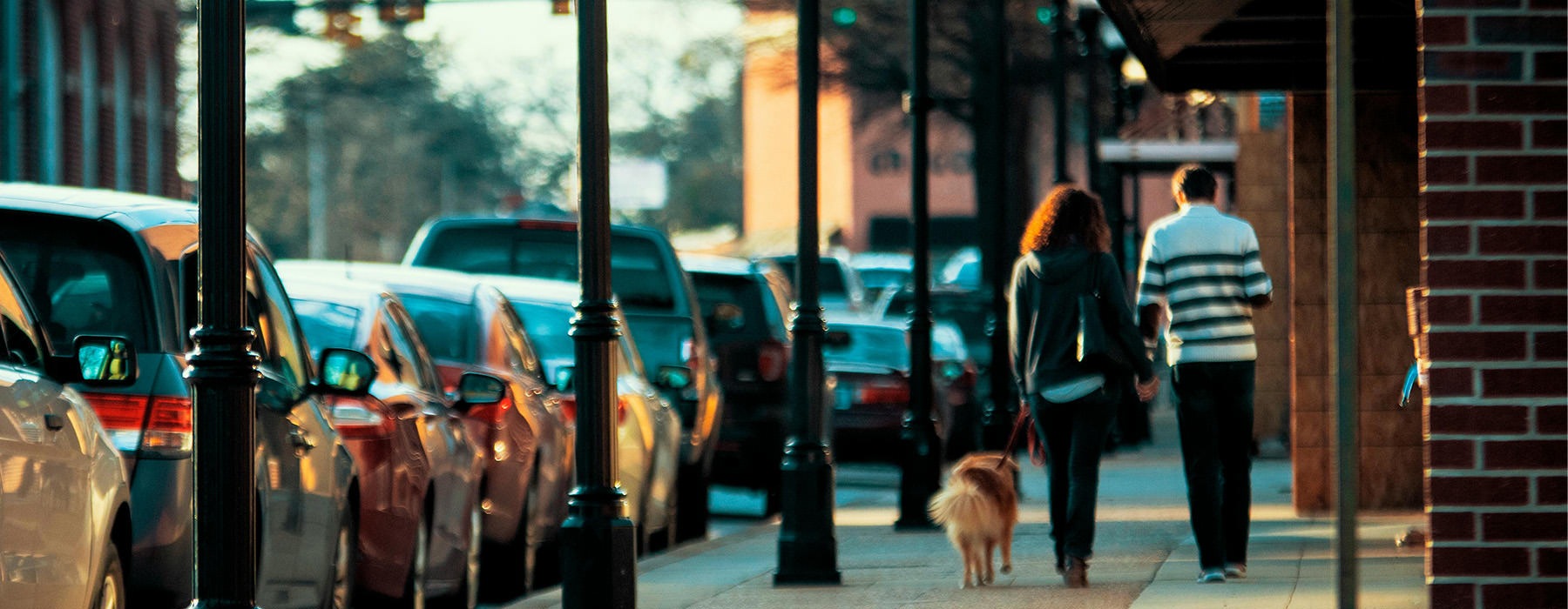 a couple walking on a side walk with a dog