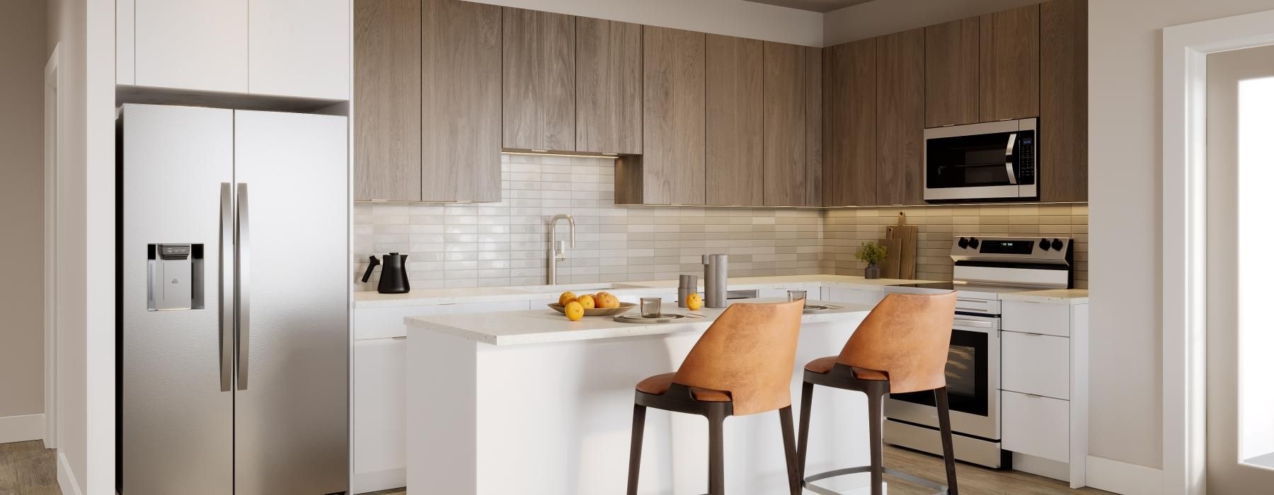 a kitchen with a white table and chairs